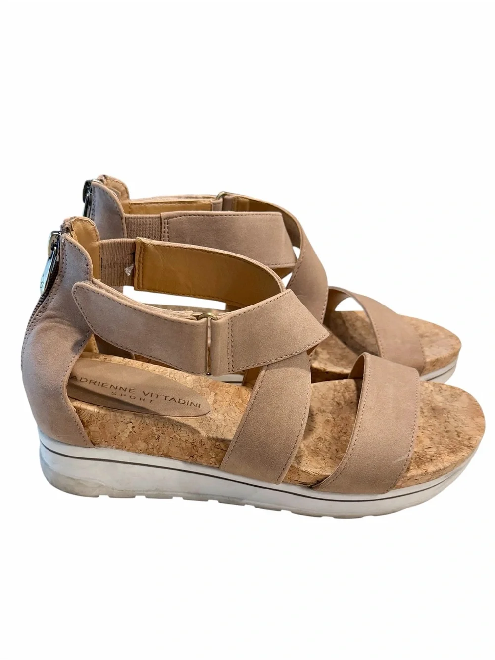 Adrienne Vittadini Taupe Crisscross Cork Wedge Sandals - Size: 7